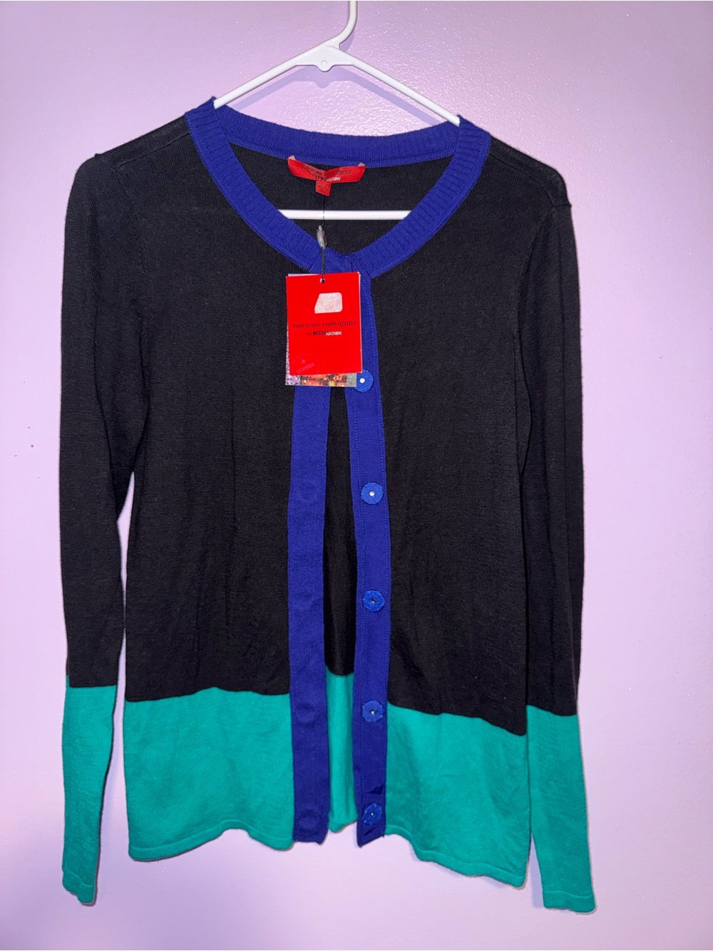 Narciso Rodriguez Black Cardigan with Teal and Blue Trim